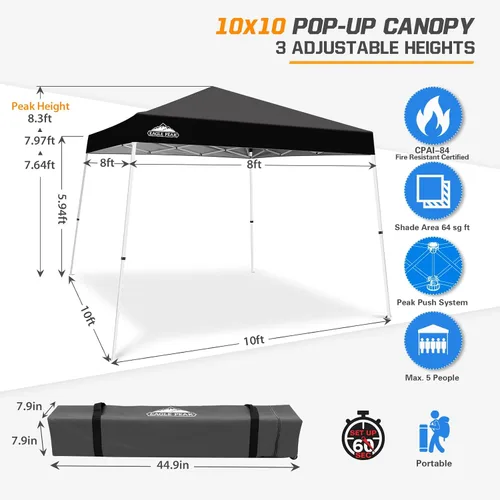 Vista 3 de Eagle Peak - Pérgola plegable (10.0 x 10.0 pies), patas inclinadas, de tela, para exteriores, fácil de montar, Negro