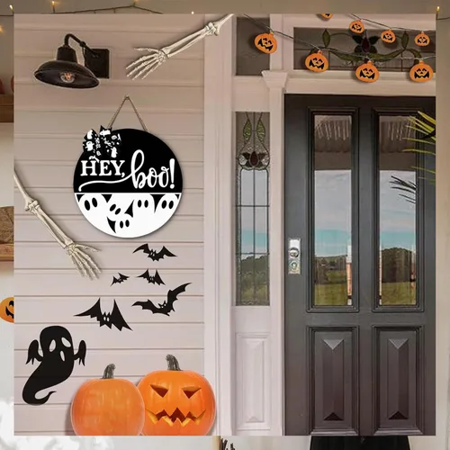 Vista 8 de Letrero de Puerta de Halloween Decoración de Fantasma - Hey Boo Decoración de Pared Espeluznante - Decoraciones Colgantes de Puerta Delantera