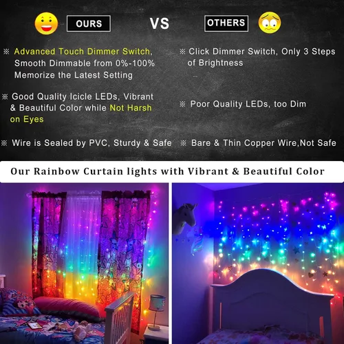 Vista 3 de CoziTech - Cadena de luces de hadas arcoíris con interruptor regulador táctil, luces de carámbano LED colgantes arcoíris para dormitorio de niñas