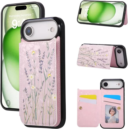 Vista 24 de UEEBAI Funda tipo cartera para iPhone 13 con tarjeteros, piel sintética, diseño floral, función atril, bloqueo RFID, doble cierre magnético, funda