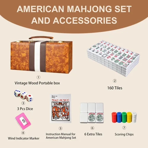 Vista 2 de Juego de azulejos de Mahjong americano de lujo, estuche de cuero sintético Café