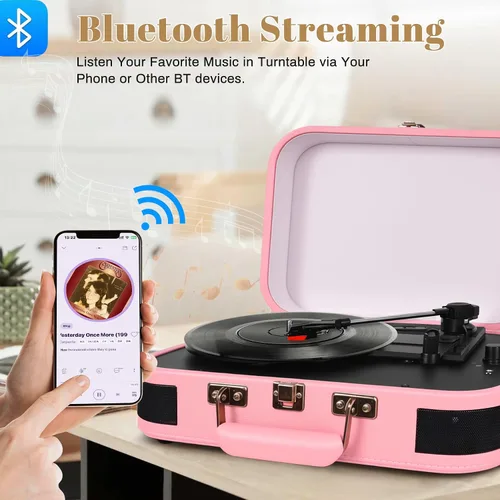 Vista 4 de Vintage Suitcase - Tocadiscos portátil Bluetooth de 3 velocidades con altavoces integrados, para discos de vinilo de 7/10/12 pulgadas (rosa)