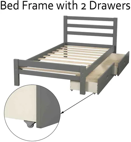 Vista 3 de Base de cama con 2 cajones, base de cama moderna de plataforma de madera con cabecero para niños, adolescentes y adultos, base de colchón Camas, sin