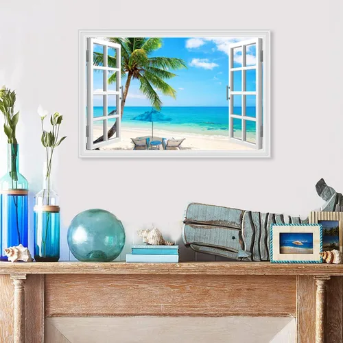 Vista 5 de Woxfcart Arte de pared de palmera de playa, imagen de escena del océano con impresiones de ventana para decoración de sala de estar azul y verde