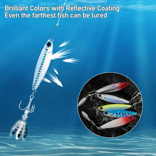 Vista 7 de Dr.Fish Paquete de 5 cucharas de metal para jigging cucharas de pesca de agua salada, señuelos de casting vertical de diamante, señuelos