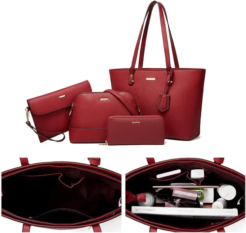 Vista 5 de Juego de 4 bolsas de cuero sintético para mujer, bolsa de hombro, asa superior, cartera
