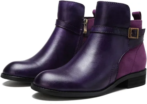 Vista 2 de oiangi Botas para mujer, botines de tobillo 2022, a la moda, de invierno, con puntera redonda, con hebilla, con tacón bajo, sólidas, informales