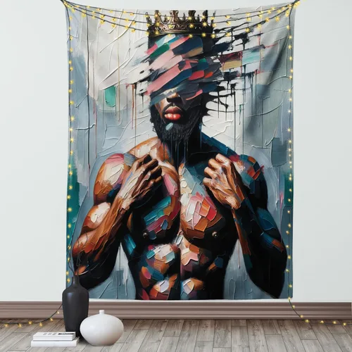 Vista 140 de Ambesonne Tapiz de arte afro, hombre negro fuerte con una corona de trazos impresión de pintura moderna, decoración de tela para colgar en la pared