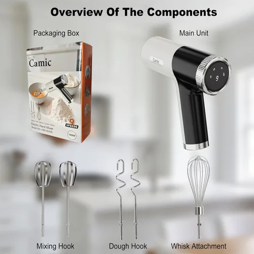 Vista 3 de Camic Electric Hand Mixer with 9 Speeds, Powerful Motor, Cordless Hand Mixer with Whisk, Dough Hook and Mixing Rod for Whipping Eggs, Cream, Butter