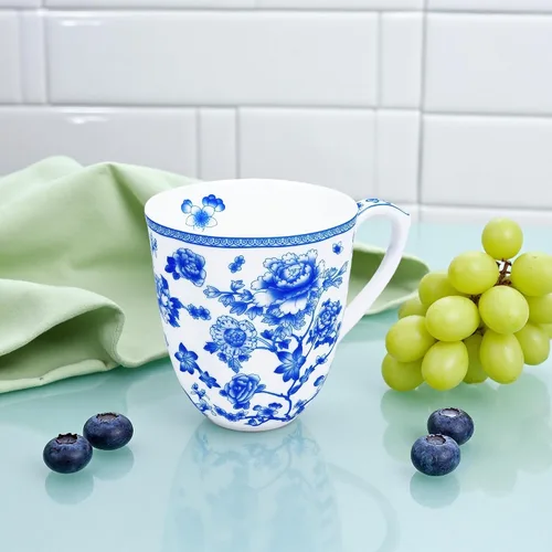 Vista 7 de Taza floral de porcelana de hueso de 14 onzas, taza de café floral para mujeres y hombres, taza de té de café de porcelana de hueso con asa cómoda