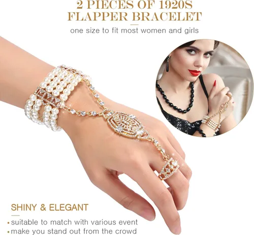 Vista 3 de Juego de 2 pulseras de los años 20 de los años 20, pulsera de cristal de perlas de imitación para mujer