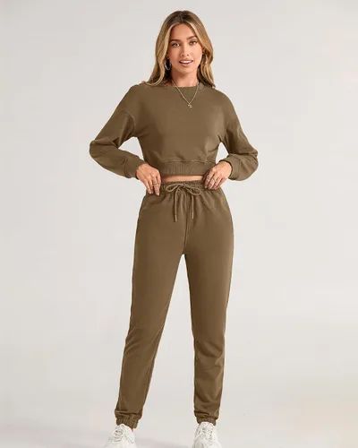 Vista 27 de BTFBM Conjunto deportivo de 2 piezas para mujer, camiseta corta de manga larga, sin botones, pantalón con cordón ajustable, pantalones deportivos