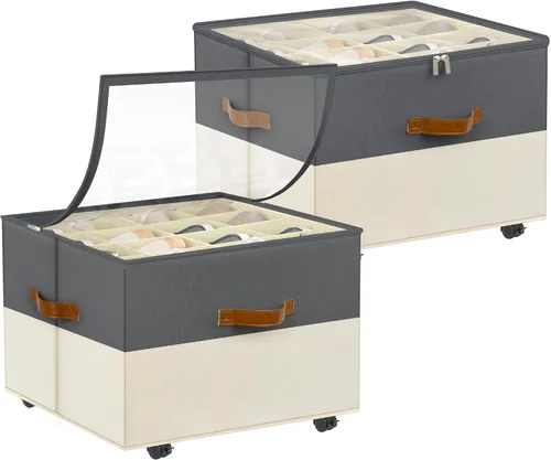 Vista 19 de Foyego Organizador de zapatos para armario, organizador de zapatos con ruedas y divisores ajustables, caja de almacenamiento de zapatos apilable