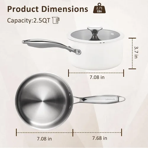 Vista 9 de SAKAMOSH Sartén de acero inoxidable de 2.5 cuartos con tapa, de tres capas