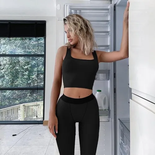 Vista 3 de AYWA Conjuntos de entrenamiento casuales de dos piezas para mujer camiseta sin mangas acanalada cintura alta leggings para uso activo