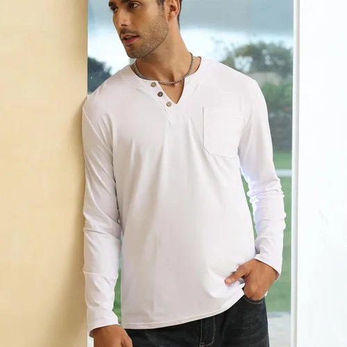 Vista 2 de Camisetas casuales de moda para hombre, de manga larga, básicas, con botones, Henley, cuello liso con muesca y bolsillo