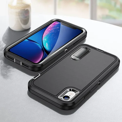 Vista 9 de IDweel Funda para iPhone XR, color negro para iPhone XR con soporte para hombres, protección resistente a prueba de golpes, antiarañazos, ajuste