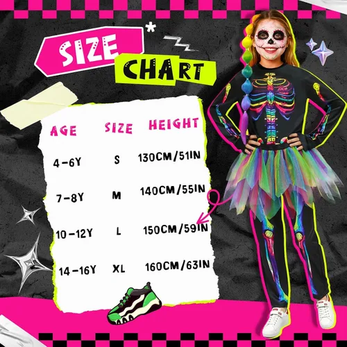 Vista 2 de Disfraz de esqueleto para niñas, vestido tutú que brilla
