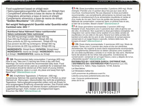 Vista 5 de Siberian Green Gotas secas Shilajit Pure de alta calidad Altai Golden Mountains - 120 unidades (200 mg) Auténtico certificado de seguridad y calidad