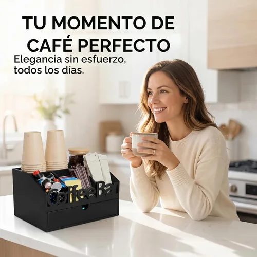 Vista 4 de Organizador de Barra de Café para Encimera - Estación Organizadora de Café de Madera, Organizador de Estación de Café para el Hogar & la Oficina