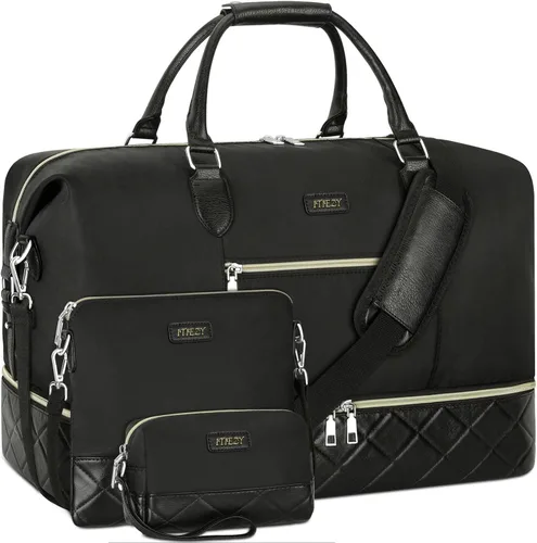 Vista 19 de Bolsa de fin de semana para mujer, bolsa de viaje de nailon, con compartimento para zapatos, tamaño grande 1-beige