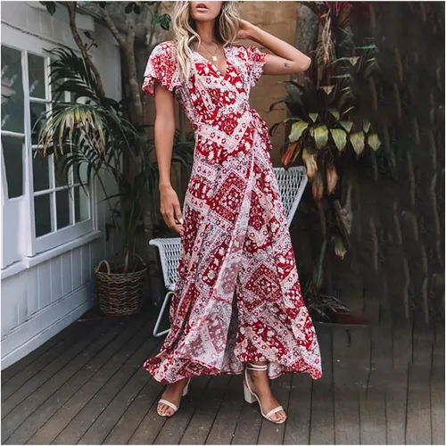 Vista 3 de Esopkuu Vestido largo de verano para mujer, estilo retro, manga corta, sexy, cuello en V, cruzado, cintura alta, empalme abierto