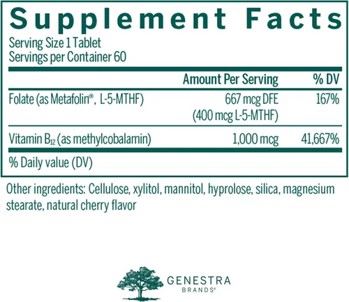 Vista 2 de Genestra Brands Active B12 con L-metilfolato, cereza, 60 tabletas