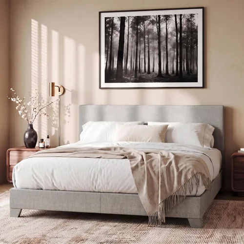 Vista 13 de Allewie Base de cama tamaño matrimonial con cabecera ajustable, cama tapizada con plataforma y listones de madera, base de colchón resistente,