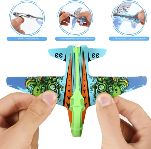Vista 5 de Manmel Paquete de 12 lanzadores de aviones para niños, 2 lanzadores y 10 planeadores de espuma, juguetes voladores para interiores y exteriores