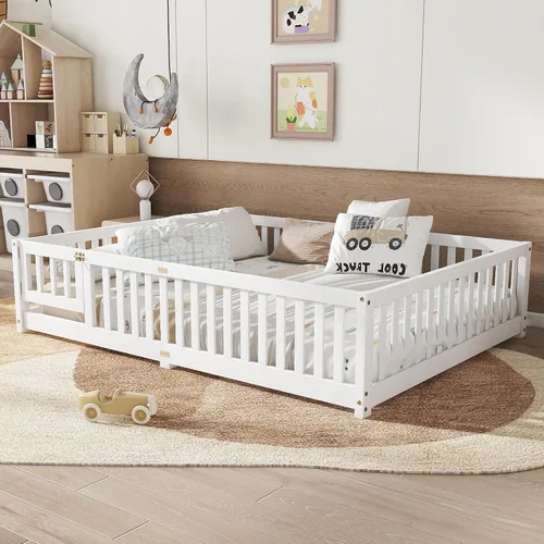 Vista 10 de Cama Montessori de tamaño matrimonial con tablillas, puerta y valla, cama Gris