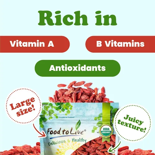 Vista 5 de Food to Live Bayas de Goji orgánicas, 8 onzas, secadas al sol, grandes y jugosas, sin OMG, crudas, veganas, sirtfood, a granel