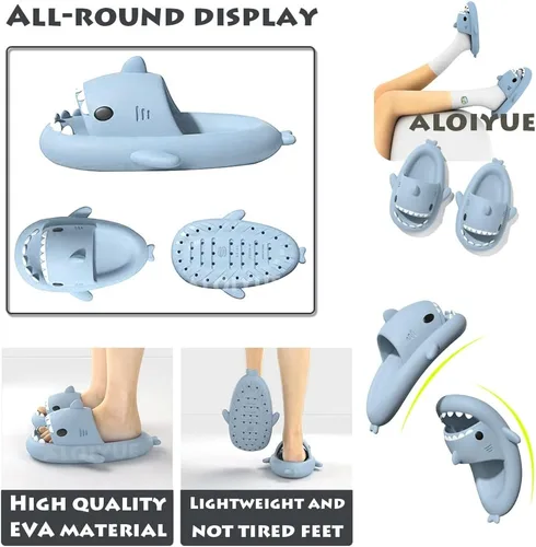 Vista 2 de Sandalias de tiburón para verano, lindas pantuflas de tiburón de dibujos animados para mujeres y hombres, antideslizantes, puntera abierta, suela