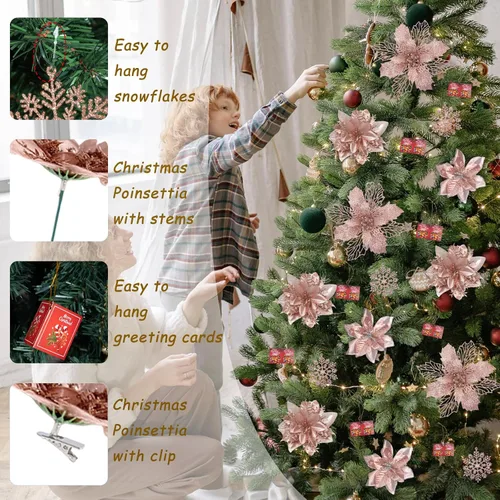 Vista 7 de BSMYBO 59 piezas 6 estilos de flores de Pascua artificiales para árbol de Navidad, adornos de Navidad en color oro rosa con tallos de bayas, copos
