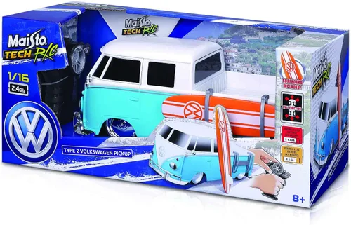 Vista 5 de Maisto Tech R/C 1:16 Escala 2.4 GHz VW Tipo 2 Pick-up con tabla de surf, azul con blanco