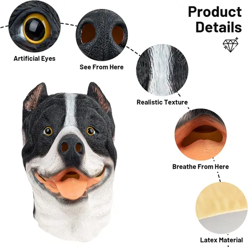 Vista 4 de PartyHop Pitbull - Máscara de látex para perro, máscara de cabeza completa, disfraz para fiesta de disfraces de Halloween
