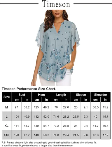 Vista 5 de Timeson Blusas de manga corta con cuello en V para mujer, camisas florales de doble capa de malla