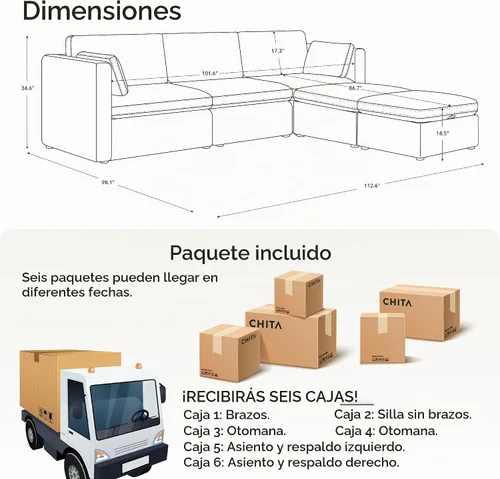 Vista 2 de CHITA Sofá modular modular de 112 pulgadas, sofá modular de 5 asientos