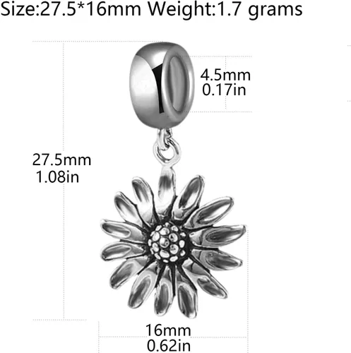 Vista 2 de Abalorio de girasol de plata de ley 925 con diseño de flor de sol para cumpleaños, aniversario, para pulsera Pandora