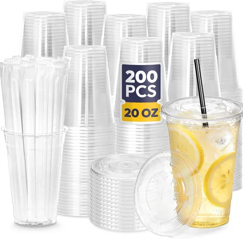Vista 15 de Fit Meal Prep Paquete de 100 Vasos de Plástico para Café Helado de 9 oz con Tapas Planas y Pajitas Negras, Vaso Transparente Desechable, Vaso Libre