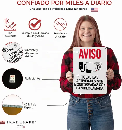 Vista 2 de TRADESAFE Señal de videovigilancia - Monitoreadas con la Videocámara Señal de Seguridad de Aluminio Español, Instalación Rápida, Reflectante de Luz