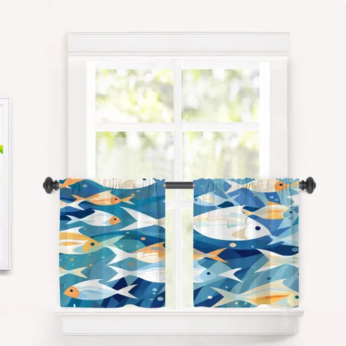 Vista 25 de Cortinas geométricas de cocina para ventanas, color negro, blanco, turquesa, cenefas opacas de poliéster multicapa para cocina, paquete de 2