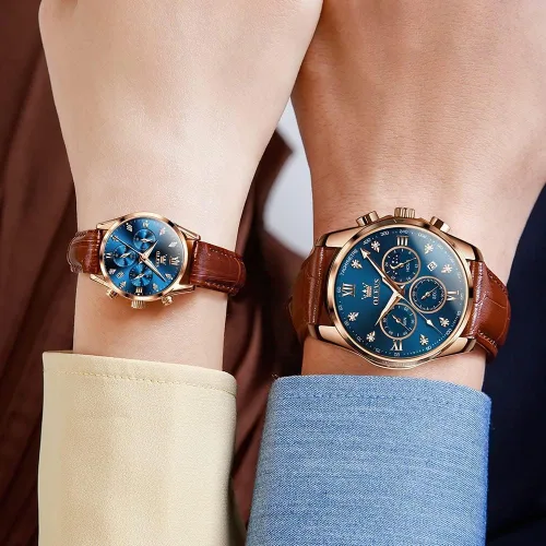 Vista 23 de OLEVS Juego de 2 relojes de cuarzo para parejas de San Valentín, para él y ella, cronógrafo de cuero, con diamantes para hombres, mujeres, amantes