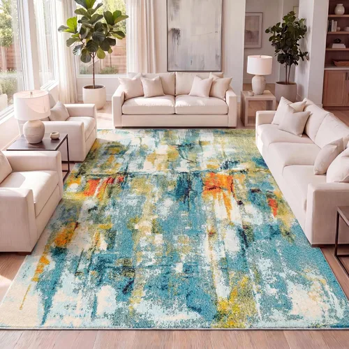 Vista 9 de JONATHAN Y Alfombra abstracta moderna de pasillo azul cascada azul/crema, 2 x 8, contemporánea, pop, transicional, fácil limpieza para sala
