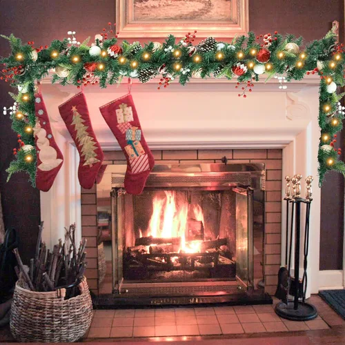 Vista 7 de Guirnalda de Navidad Preencendida de 6 Pies, Decoraciones Navideñas, Guirnalda Iluminada a Batería para Interiores con Bayas Rojas, Bolas