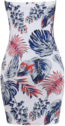 Vista 4 de Vestido sexy de verano tropical para mujer, sin tirantes, floral, tubo a media mitad, bodycon para fiesta, club