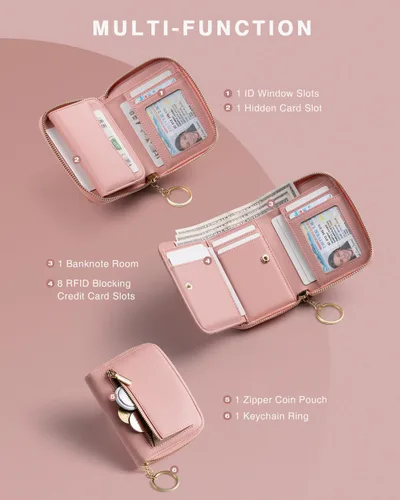 Vista 2 de Vulkitty Cartera pequeña para mujer con bloqueo RFID con cremallera alrededor de la funda triple compacta de cuero para tarjetas con bolsillo