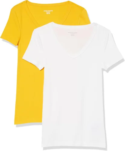Vista 25 de Amazon Essentials Camiseta ajustada de manga corta con cuello en V para mujer, paquete de 2 Negro
