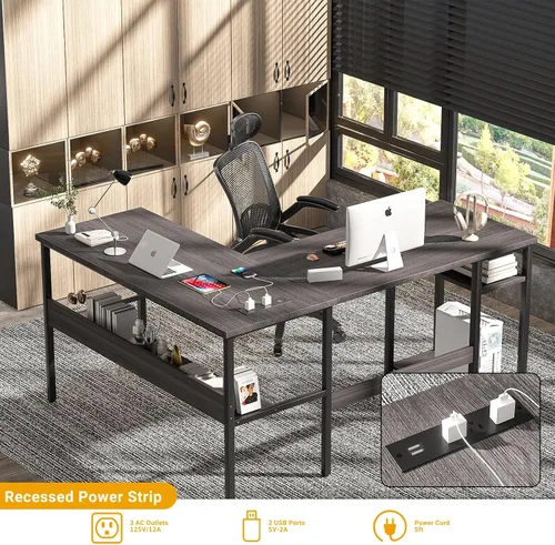 Vista 4 de Unikito - Escritorio reversible en forma de L con tomas de corriente mágicas y puertos de carga USB, escritorio de esquina robusto para computadora