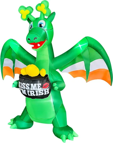 Vista 3 de SEASONBLOW Dragón inflable del día de San Patricio de 7 pies que sostiene una maceta de decoración dorada con cuerno de trébol irlandés LED inflable