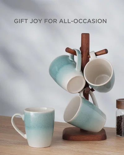 Vista 6 de Juego de Tazas de Café Famiware, Juego de 4 Tazas de 13 oz, Tazas de Gres para Café con Leche, Té Caliente, Mocha, Cacao, Capuchino, Aptas